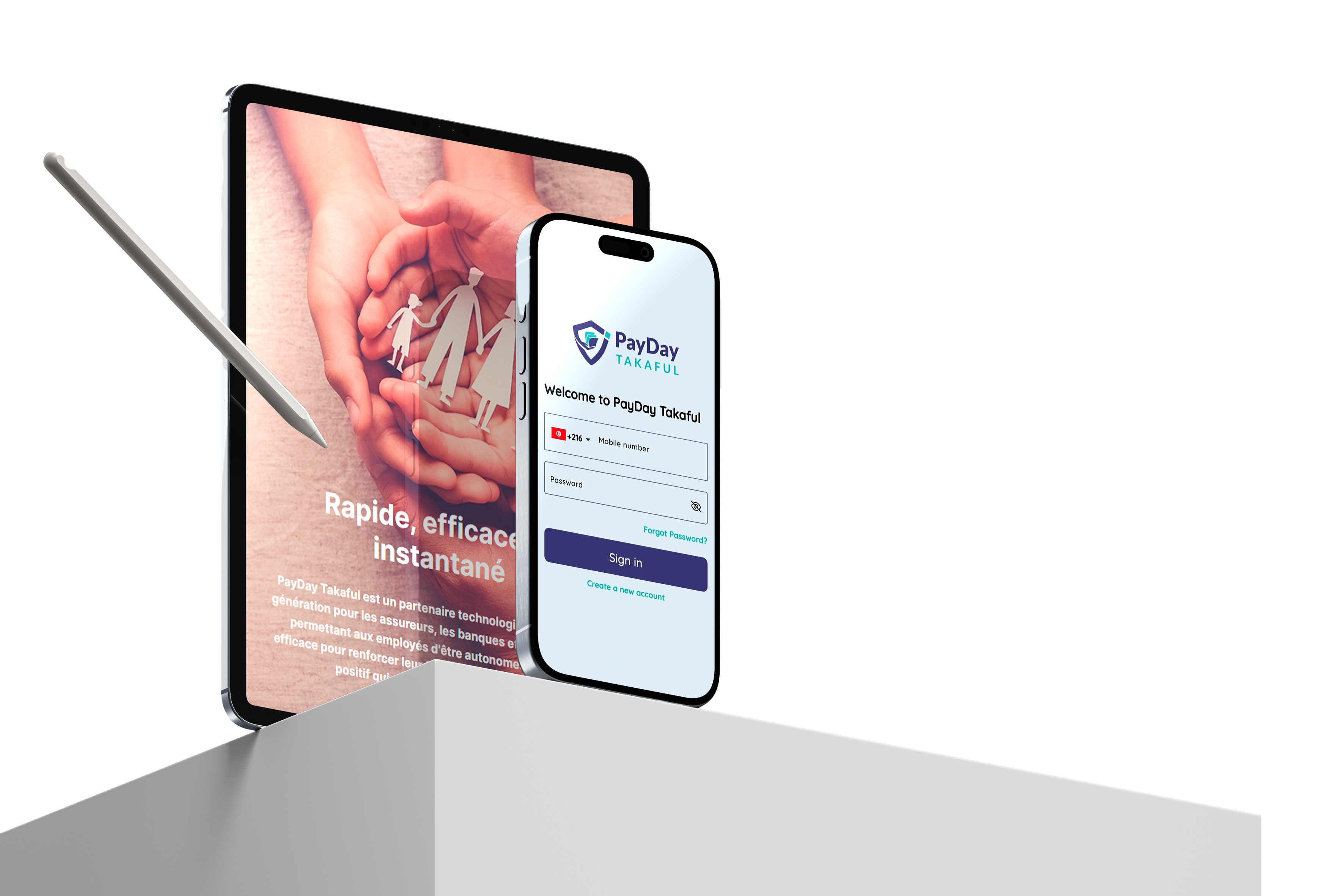 Application mobile PayDay Takaful — connexion et fonctionnalités collaborateurs sur tablette et téléphone